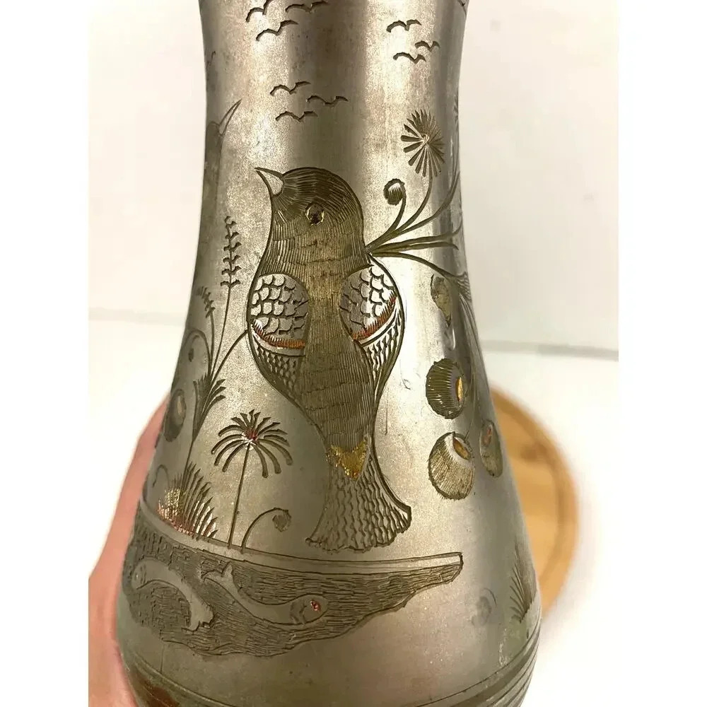 VTG Silver Tone Metal Middle Eastern Vase With Etching 8" Tall Birds Fish‎ - Picture 12 of 14